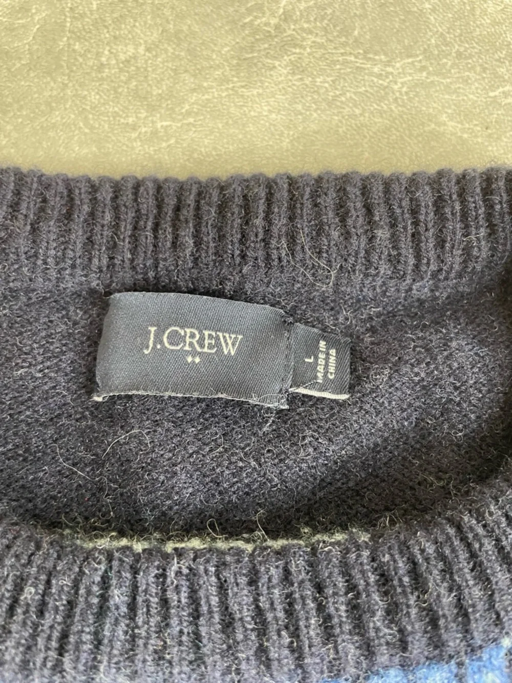 J. Crew Factory Gray Crewneck Lambswool Sweater with Blue Fair Isle Yoke